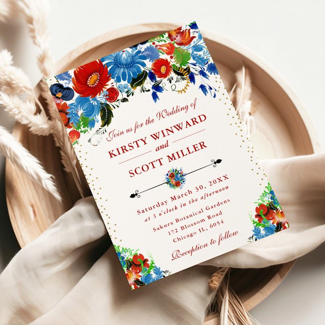 Watercolor Red and Blue Flowers Wedding Invitation (Creator Uploaded)