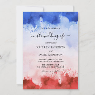 watercolor red and blue wedding invitation