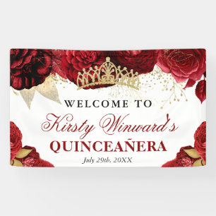 Watercolor Red and Gold Flowers Quinceanera Banner