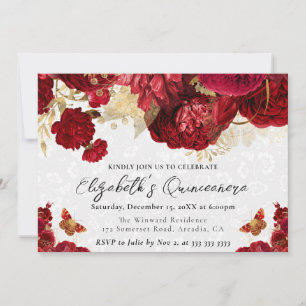 Watercolor Red and Gold Flowers Quinceanera Invitation