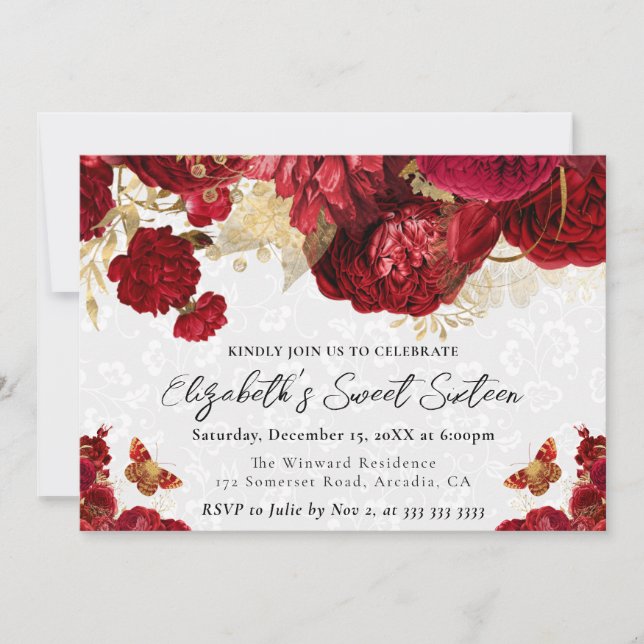 Watercolor Red and Gold Flowers Sweet Sixteen Invitation (Front)