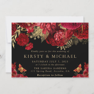 Watercolor Red and Gold Flowers Wedding Invitation
