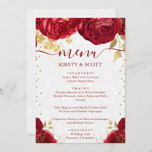 Watercolor Red and Gold Flowers Wedding Menu