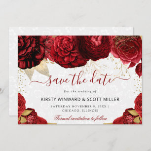 Watercolor Red and Gold Flowers Wedding Save The Date