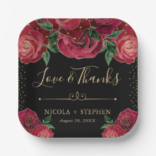 Watercolor Red and Gold Glam Roses Wedding Paper Plate