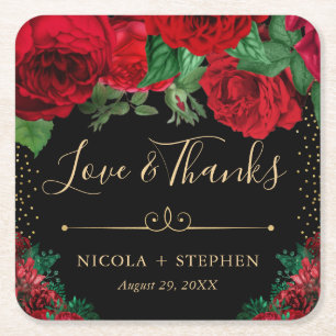 Watercolor Red and Gold Glam Roses Wedding Square Paper Coaster