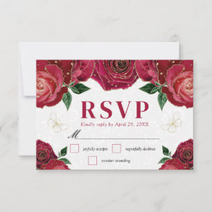 Watercolor Red and Gold Roses Wedding RSVP Card