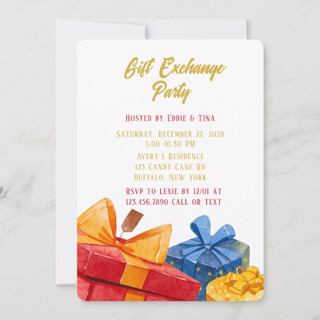 Watercolor Red and Golden Gift Exchange Party Invitation (Front)