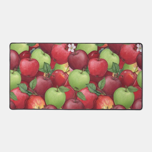 Watercolor Red and Green Apple Harvest Desk Mat (Front)