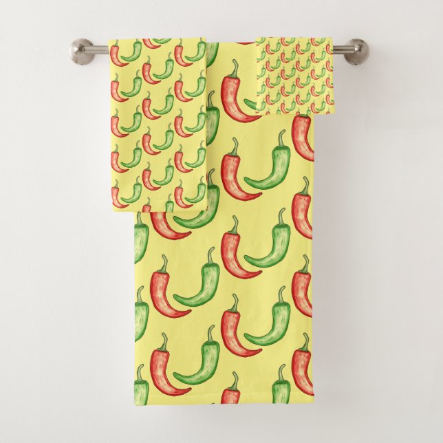 Watercolor Red And Green Chilli Peppers Bath Towel Set (Insitu)