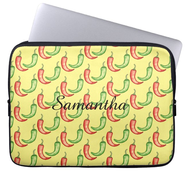 Watercolor Red And Green Chilli Peppers Laptop Sleeve (Front)