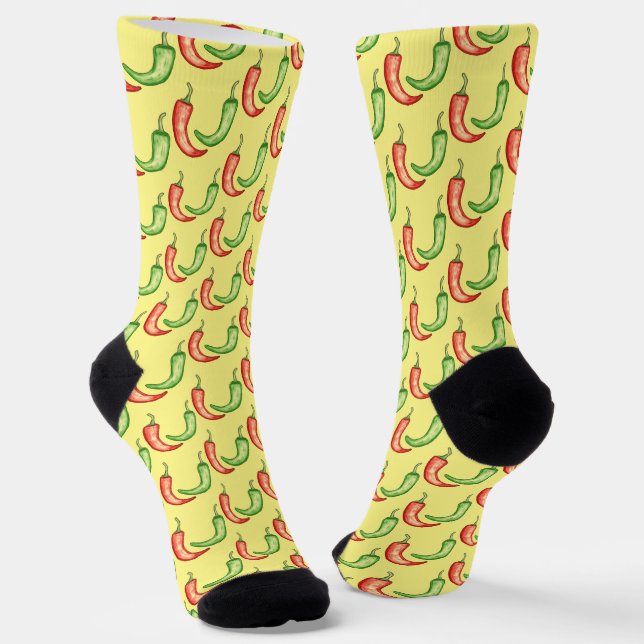 Watercolor Red And Green Chilli Peppers Socks (Angled)