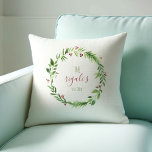 Watercolor Red and Green Personalised Christmas Th Cushion<br><div class="desc">Celebrate the holidays in style with these decorative personalised Christmas pillows. Featuring a replica of my original watercolor wreath in rich berry red and green hues against a white background, these pillows can be customised with your names and established date in trendy script typography. The reverse side complements with a...</div>