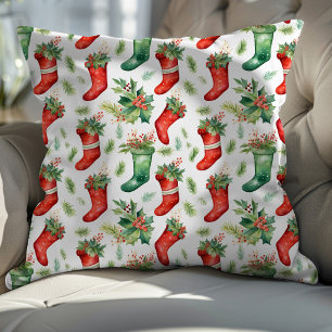Watercolor Red and Green Stockings Cushion
