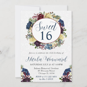 Watercolor Red and Navy Winter Wreath Sweet 16 Invitation