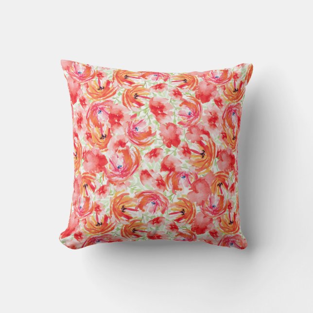 Watercolor Red and Orange flower vibrant pattern Cushion (Front)