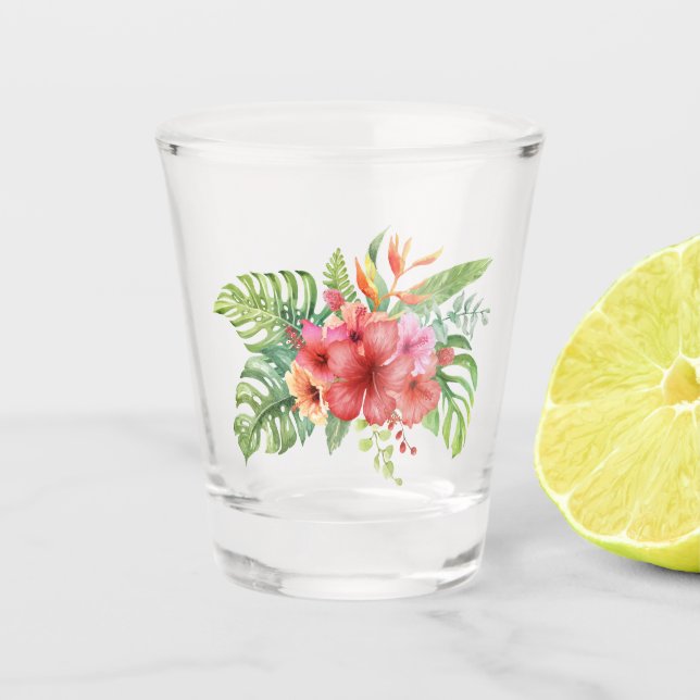 Watercolor Red and Orange Hibiscus Shot Glass (Front)
