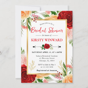 Watercolor Red and Orange Roses Bridal Shower Invitation