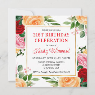 Watercolor Red and Orange Roses Flowers Birthday Invitation