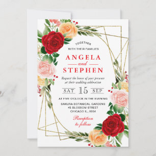 Watercolor Red and Orange Roses Gold Frame Wedding Invitation