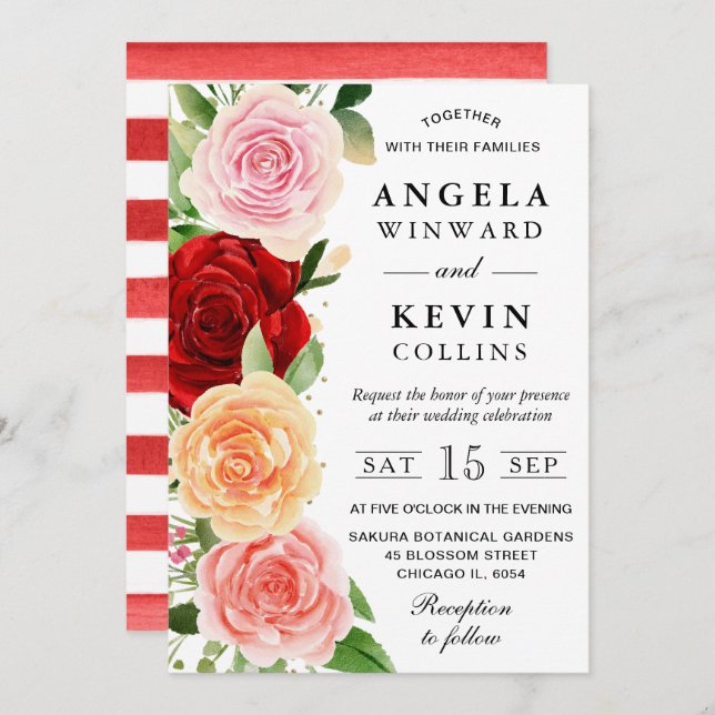 Watercolor Red and Orange Roses Wedding Invitation (Front/Back)