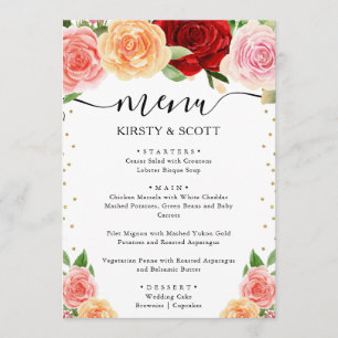 Watercolor Red and Orange Roses Wedding Menu