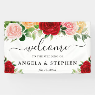 Watercolor Red and Orange Roses Wedding Welcome Banner