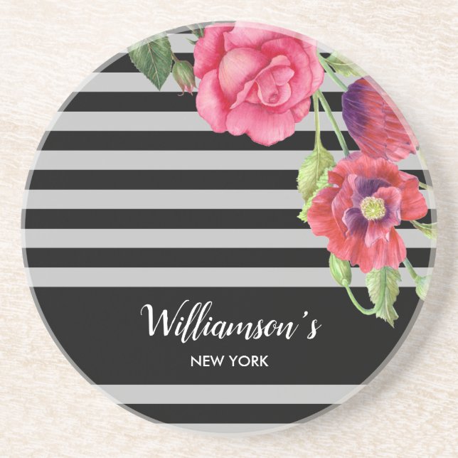 Watercolor Red and Pink Flowers Black Gray Stripes Coaster (Front)