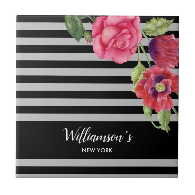 Watercolor Red and Pink Flowers Black Grey Stripes Tile (Front)