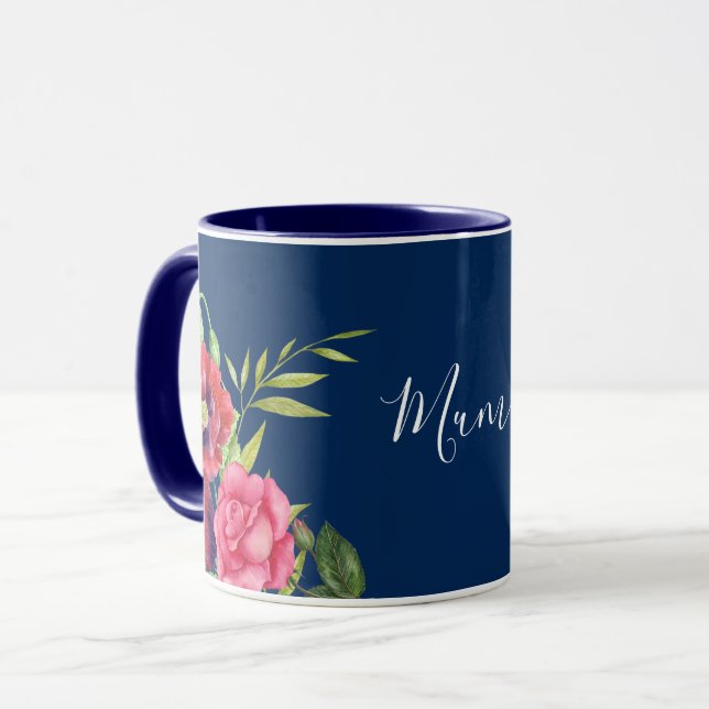 Watercolor Red and Pink Flowers Dark Navy Blue Mug (Front Left)
