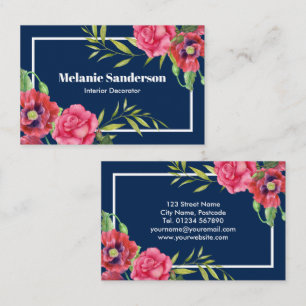 Watercolor Red and Pink Flowers on Dark Navy Blue Business Card