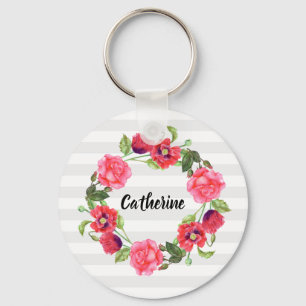Watercolor Red and Pink Flowers Wreath Circle Key Ring