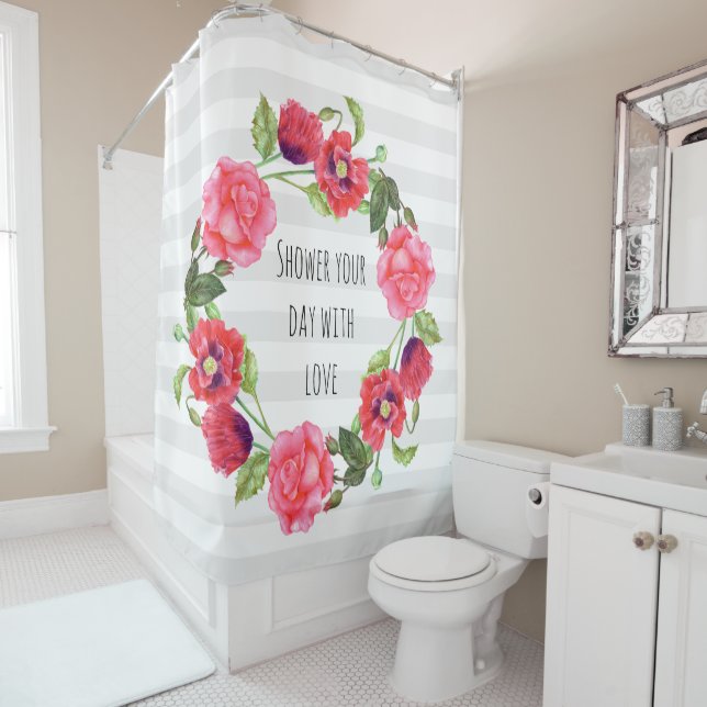Watercolor Red and Pink Flowers Wreath Circle Shower Curtain (In Situ)