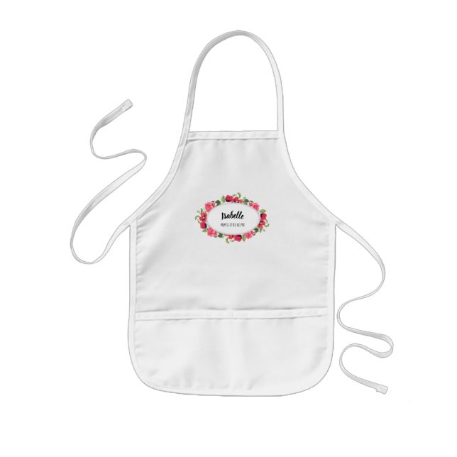 Watercolor Red and Pink Flowers Wreath Design Kids Apron (Front)