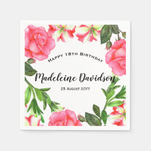Watercolor Red and Pink Flowers Wreath Design Napkin