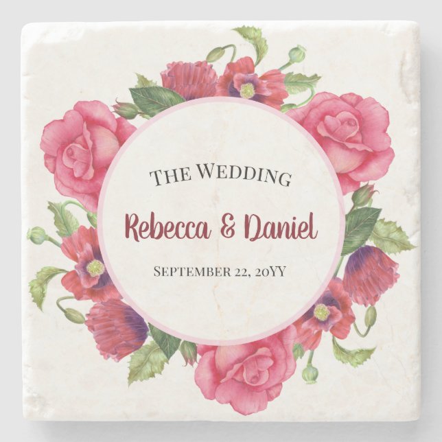 Watercolor Red and Pink Flowers Wreath Wedding Stone Coaster (Front)