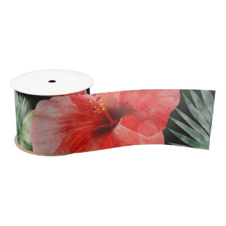 Watercolor Red and Pink Hibiscus Tropical Leaves Satin Ribbon