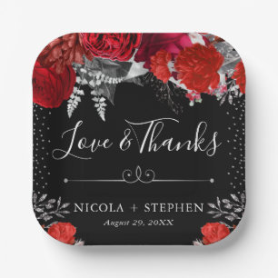 Watercolor Red and Silver Flowers Wedding Paper Plate