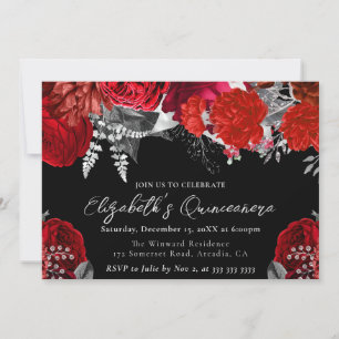 Watercolor Red and Silver Roses Quinceanera Invitation