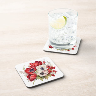 WATERCOLOR RED AND WHITE ANEMONIE POPPY FLOWERS COASTER