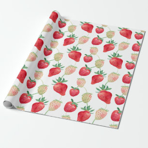 Watercolor Red and White Strawberries Wrapping Paper