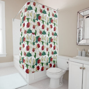 Watercolor Red And White Summer tropical Blooms Shower Curtain