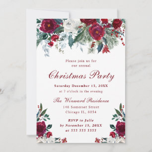Watercolor Red and White Winter Flowers Christmas Invitation