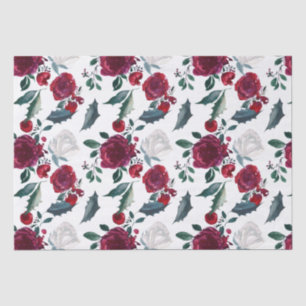 Watercolor Red and White Winter Flowers Christmas Tissue Paper