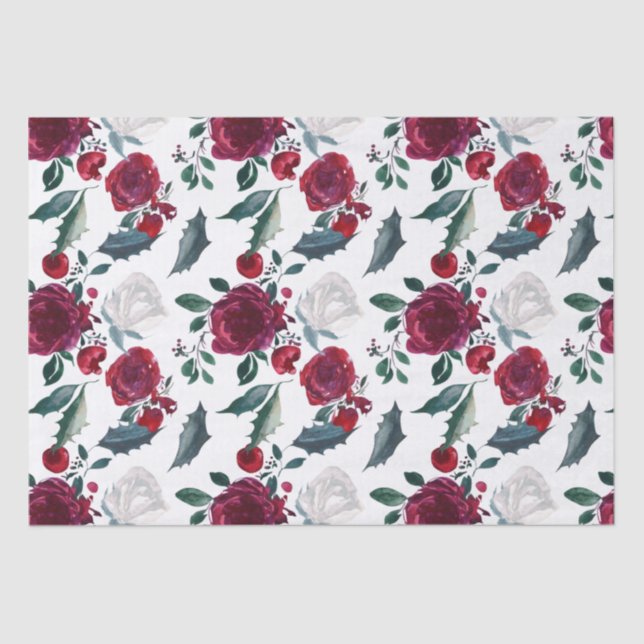 Watercolor Red and White Winter Flowers Christmas Tissue Paper (Front)