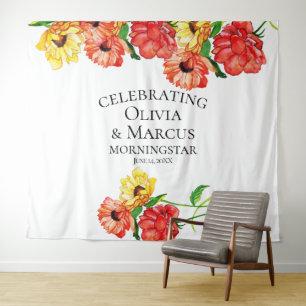 Watercolor Red and Yellow Floral Photo Backdrop Tapestry
