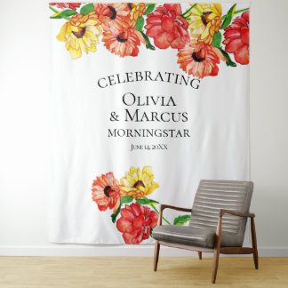 Watercolor Red and Yellow Floral  Photo Backdrop Tapestry