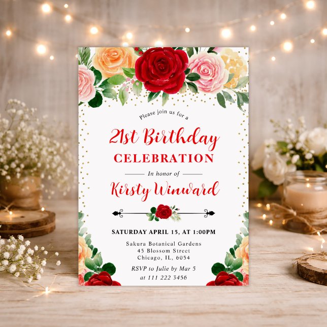 Watercolor Red and Yellow Roses 21st birthday Invitation (Creator Uploaded)