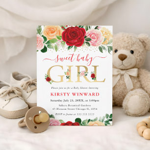 Watercolor Red and Yellow Roses Baby Shower Invitation