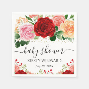 Watercolor Red and Yellow Roses Baby Shower Napkin